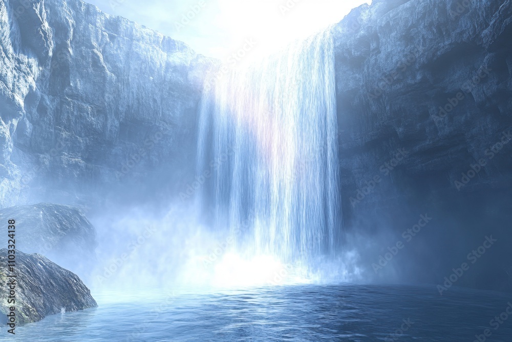 A waterfall is flowing into a body of water A waterfall is flowing into a body of water