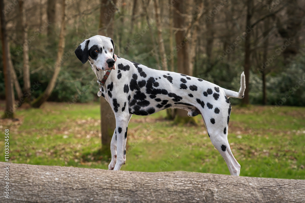 Dalmatian dog standing on a fallen tree log Dalmatian dog standing on a fallen tree log