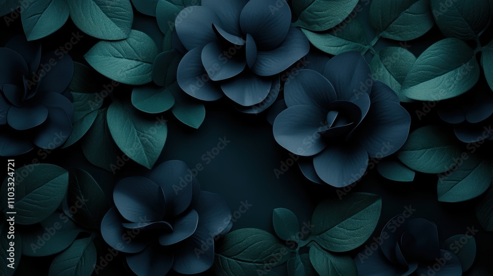 Dark-hued floral arrangement featuring intricate leaves and blossoms, ideal for backgrounds, branding, or nature-themed projects, The design evokes elegance and tranquility, Dark-hued floral arrangement featuring intricate leaves and blossoms, ideal for backgrounds, branding, or nature-themed projects, The design evokes elegance and tranquility,