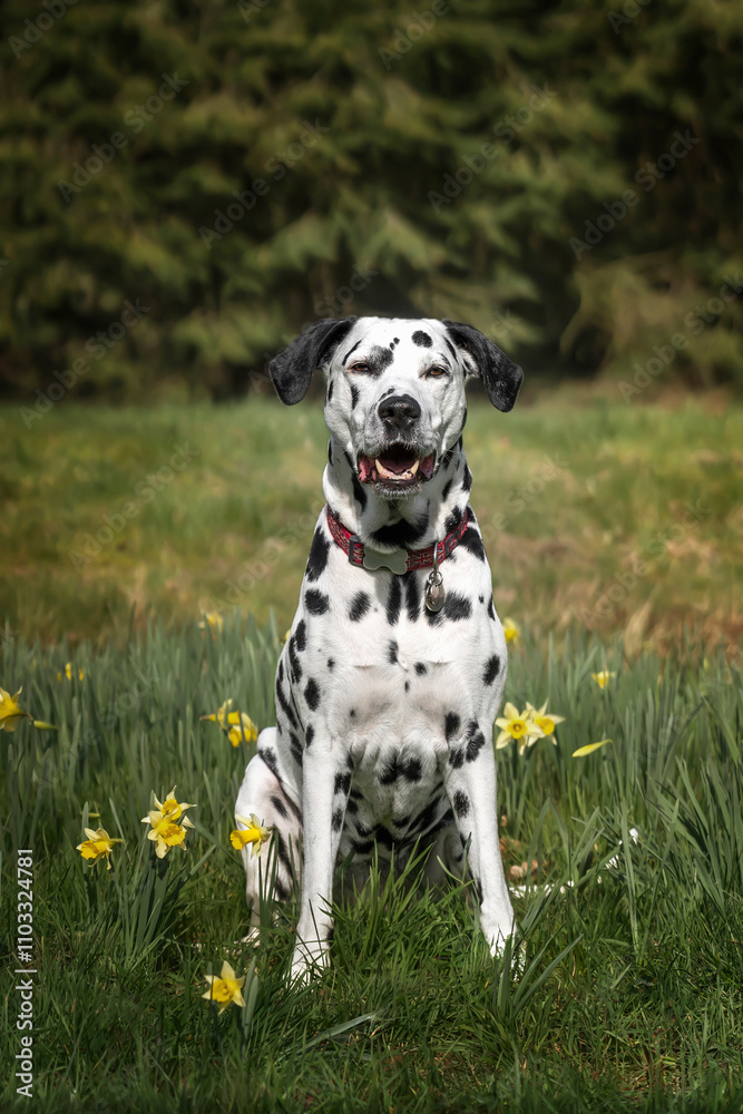 dalmatian dog sitting in the forest in the summer with daffodils dalmatian dog sitting in the forest in the summer with daffodils