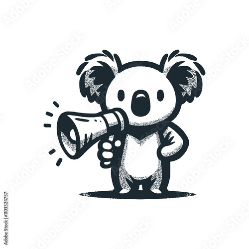 Cute koala holding a megaphone. Black white vector illustration. photo