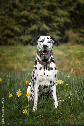 dalmatian dog sitting in the forest in the summer with daffodils