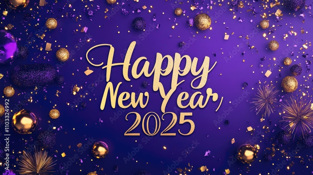 Anticipating New Year 2025 expressed in elegant script on a dark purple backdrop with shimmering gold accents. The atmosphere is luxurious and celebratory.