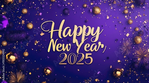 Anticipating New Year 2025 expressed in elegant script on a dark purple backdrop with shimmering gold accents. The atmosphere is luxurious and celebratory.
