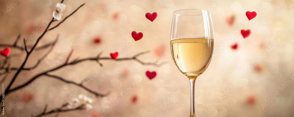 Two Champagne Glasses with Heart Decorations for Celebration Two Champagne Glasses with Heart Decorations for Celebration