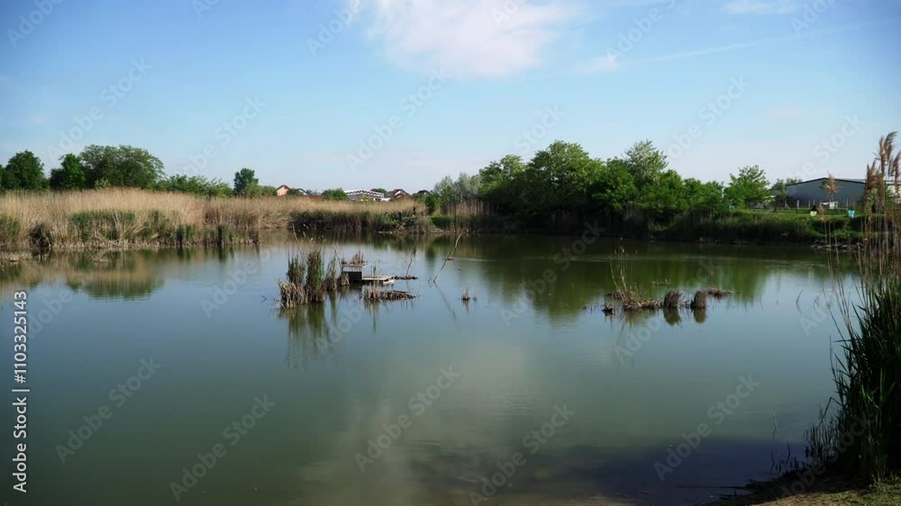 Tranquil lake surrounded by greenery and wildlife in a serene rural setting during a clear day Tranquil lake surrounded by greenery and wildlife in a serene rural setting during a clear day