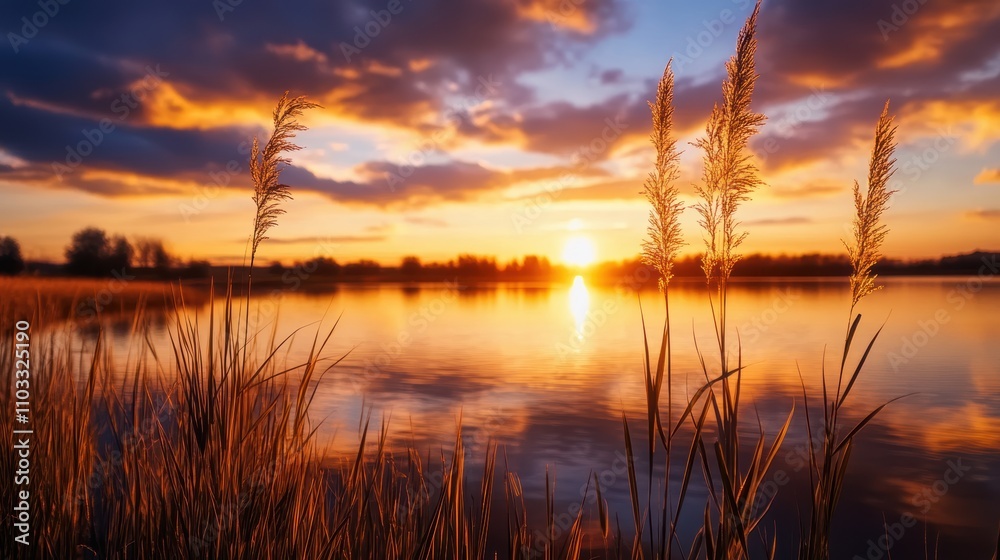 A serene sunset over a tranquil lake, with tall grass silhouettes framed against the colorful sky, This image conveys peace and natural beauty A serene sunset over a tranquil lake, with tall grass silhouettes framed against the colorful sky, This image conveys peace and natural beauty