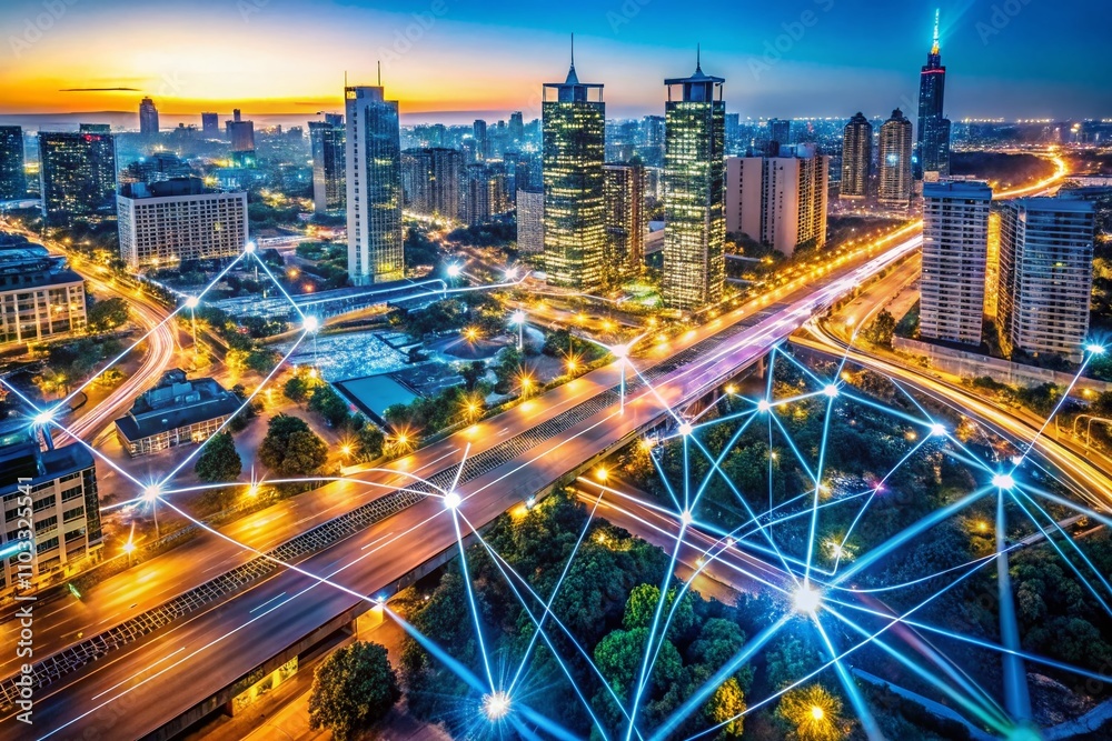 Fototapeta premium Aerial View of a Digital City with Data Streams, Drones, and 3D Renderings Illustrating the Movement and Connectivity of Big Data in Urban Environments