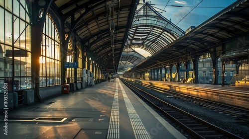 A train station platform bathed in warm sunlight, showcasing architectural design and empty tracks.