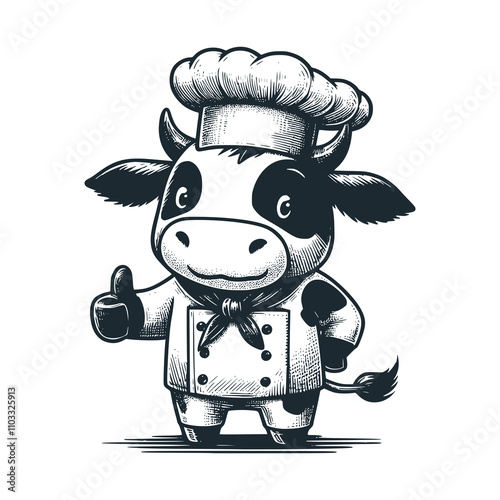 The dairy cow chef. Black white logo icon vector isolated. 