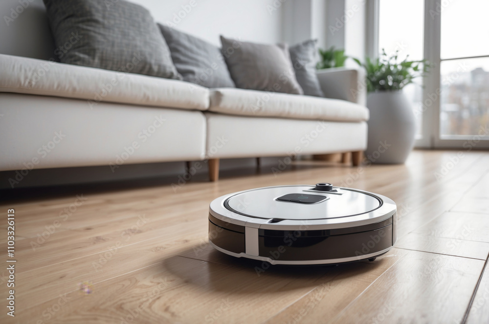 Robot vacuum cleaner operates on wooden floor in modern living room Robot vacuum cleaner operates on wooden floor in modern living room