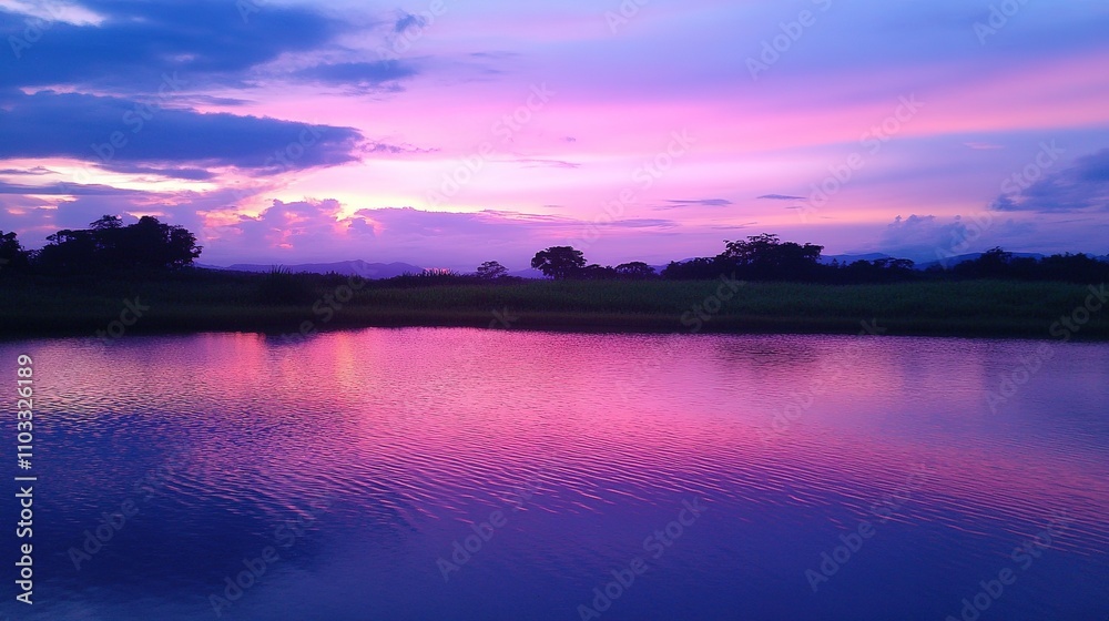 A stunning view of blooming pink, red, and white lotus flowers with neatly arranged rice paddies and a clear green irrigation canal reflecting the purple sunset light, creating a serene and beautiful A stunning view of blooming pink, red, and white lotus flowers with neatly arranged rice paddies and a clear green irrigation canal reflecting the purple sunset light, creating a serene and beautiful