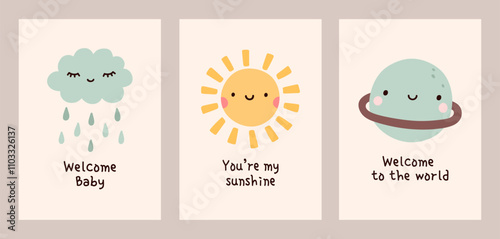 Set of cute baby shower cards in pastel colors. Three kawaii designs with adorable characters. Perfect for invitations, posters, greeting cards, decorations. Vector flat illustration.