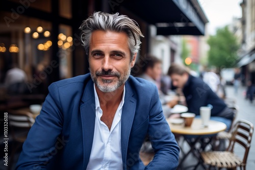 Portrait of a handsome middle-aged man with gray hair and beard in a blue suit sitting in a cafe outdoors.