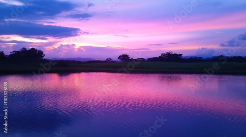A stunning view of blooming pink, red, and white lotus flowers with neatly arranged rice paddies and a clear green irrigation canal reflecting the purple sunset light, creating a serene and beautiful 