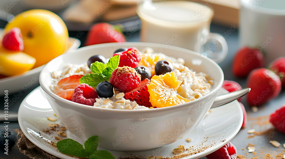 Bright breakfast, tasty oatmeal, cup of coffee Bright breakfast, tasty oatmeal, cup of coffee
