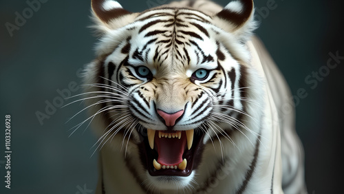 closeup portrait of the face of a snarling white tiger with blue eyes