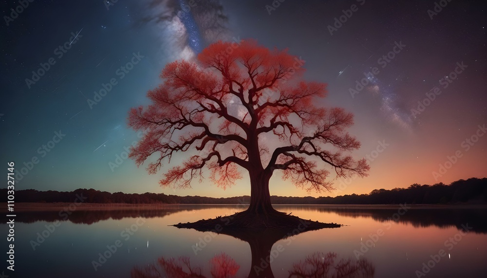 Fototapeta premium Un árbol solitario parado en un lago tranquilo por la noche, con la Vía Láctea visible en el cielo estrellado