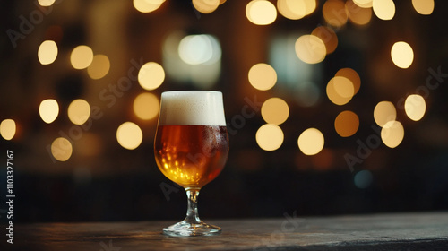 Glass of beer is sitting on a table with a blurry background. Concept of relaxation and enjoyment, as the focus is on the glass of beer and the table it is on