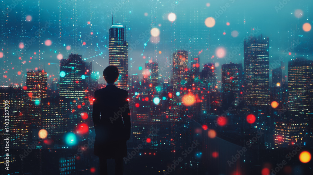 Abstract business man stands on the peak of success amid tall, innovative Smart city and graphs with statistics to analyze business potential and predict future developments in company growth.
Abstract business man stands on the peak of success amid tall, innovative Smart city and graphs with statistics to analyze business potential and predict future developments in company growth.