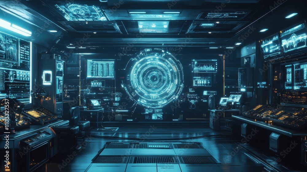 Futuristic control room, glowing screens, digital interface.