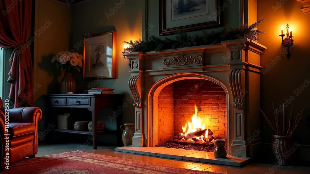 Elegant fireplace with festive garland and glowing fire in a classic and warm interior setting Elegant fireplace with festive garland and glowing fire in a classic and warm interior setting