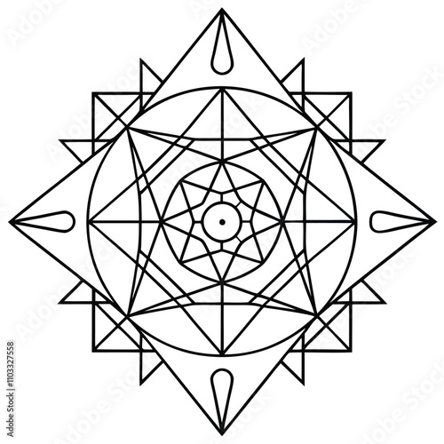 Geometric line art featuring symmetrical mandalas, triangles, and interconnected lines with a modern mystical vibe Adobe Illustrator Artwork
