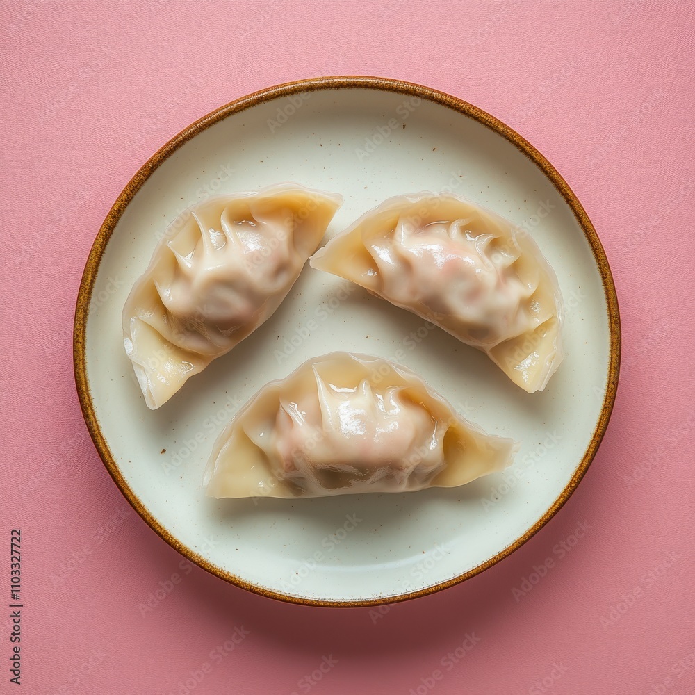 Freshly Cooked Pink Dumplings on Light Blue Plate Against Pink Background Freshly Cooked Pink Dumplings on Light Blue Plate Against Pink Background