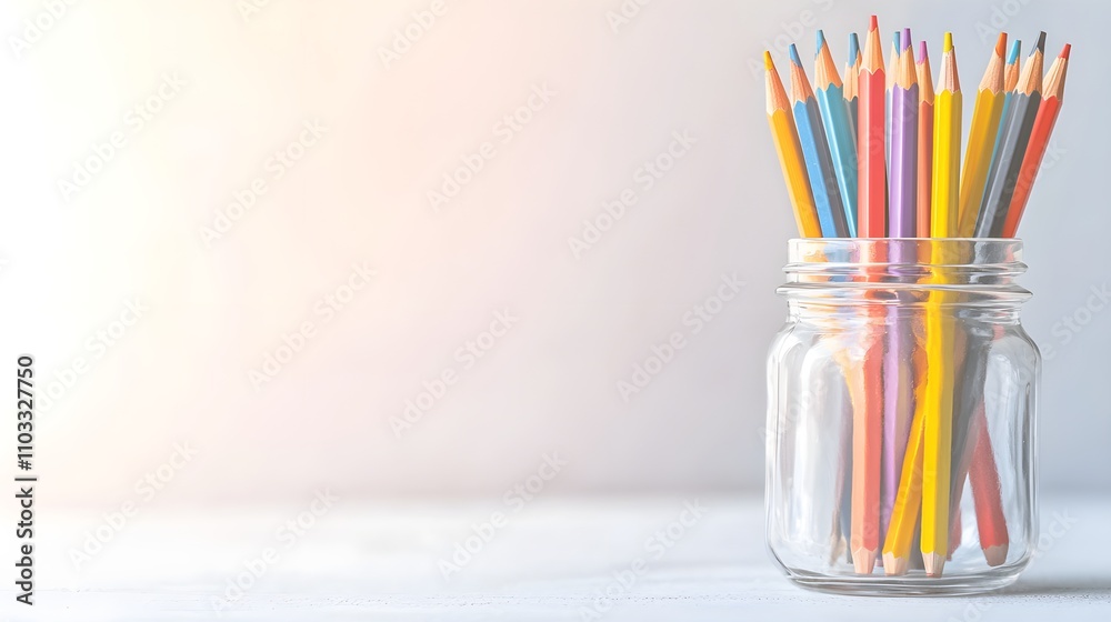 Obraz premium Back-to-school concept, A jar filled with colorful pencils, showcasing vibrant hues against a soft background, ideal for creative inspiration and artistic expression.