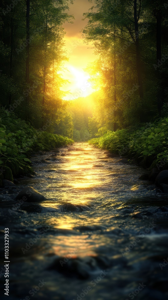 Fototapeta premium A serene river runs through a lush forest at sunset, creating a tranquil atmosphere, Ideal for projects related to nature, meditation, wellness, or travel themes,