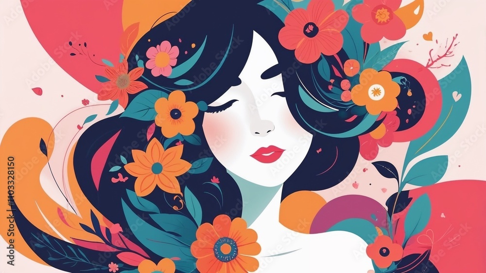 Artistic portrait of a woman with flowers in her hair for Women's Day celebration Artistic portrait of a woman with flowers in her hair for Women's Day celebration