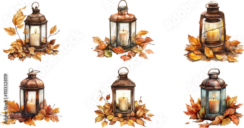 Watercolor painting of an antique copper lantern with candle and leaves. Isolated on a white background