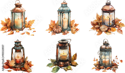 Watercolor painting of an antique copper lantern with candle and leaves. Isolated on a white background