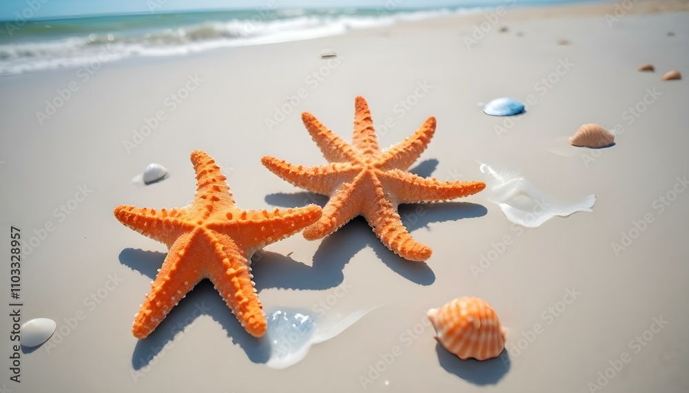 Una estrella de mar y conchas en una playa de arena con un cielo azul claro y el océano al fondo Una estrella de mar y conchas en una playa de arena con un cielo azul claro y el océano al fondo