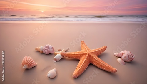 Una estrella de mar y conchas en una playa de arena con un cielo azul claro y el océano al fondo