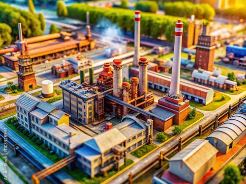 Aerial View of a Miniature Industrial Factory Model Featuring Detailed Pipes and Chimneys, Capturing the Intricacies of Manufacturing and Industrial Design in a Compact Scale photo