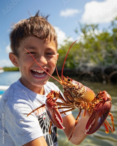 Excited boy holding spiny lobster, summer background

