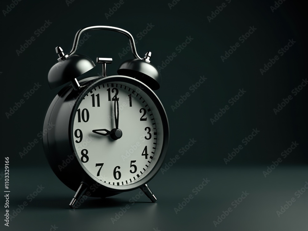 Black alarm clock showing midnight on dark background Black alarm clock showing midnight on dark background