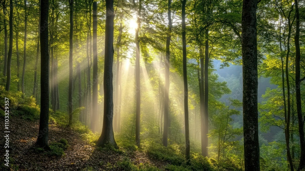 Obraz premium Sunlight filters through a lush forest, creating a serene atmosphere