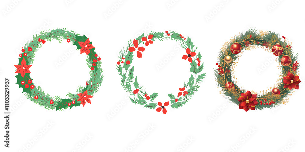 A collection of Christmas wreaths isolated on a transparent or white background. A collection of Christmas wreaths isolated on a transparent or white background.