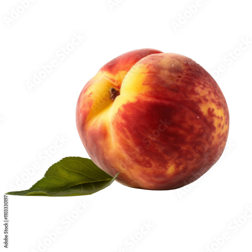 Bright Fresh Peach with Fuzzy Skin and Green Leaves