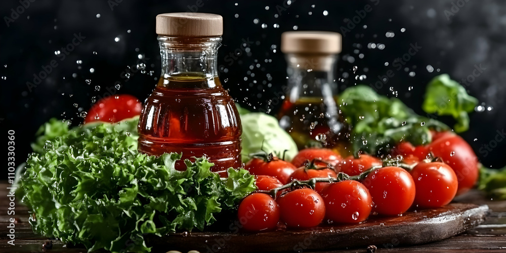 Fresh Salad with Cherry Tomatoes and Oil Bottles, Vibrant Ingredients, Healthy Eating, Delicious Recipe, Culinary Photography Fresh Salad with Cherry Tomatoes and Oil Bottles, Vibrant Ingredients, Healthy Eating, Delicious Recipe, Culinary Photography