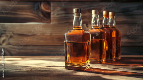 Bottles of amber liquid sit on a wooden surface in warm, soft lighting, creating a cozy atmosphere for enjoying spirits