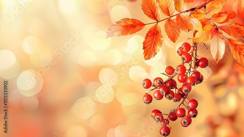 A branch of rowan on an autumn blurred background.