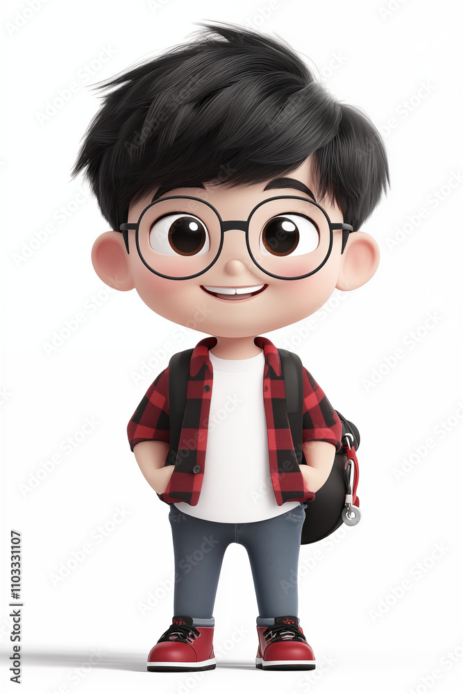  He is wearing clear glasses, has straight white teeth, and is smiling happily. His eyes are a sparkling dark brown. generative AI
