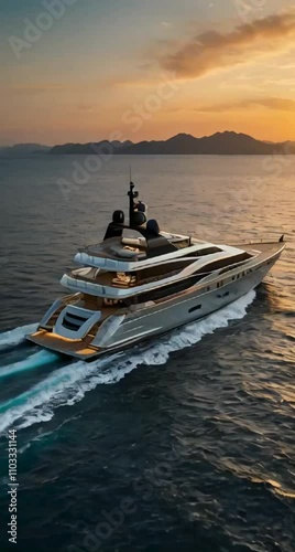 a luxury yacht cruising through calm, clear waters during a beautiful sunset. The yacht's sleek, futuristic design should catch the warm, golden tones of the setting sun