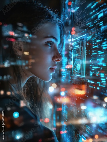 Attractive young european businesswoman using abstract 5G interface with computing icons on blurry night city background. Internet speed and ai concept. Double exposure.