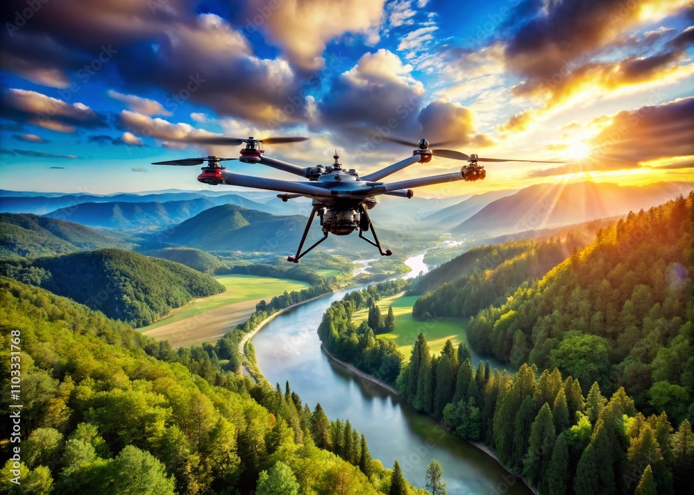 Fototapeta premium Aerial View of an Octocopter in Flight Over a Scenic Landscape with Vibrant Colors and Clear Blue Skies Capturing the Essence of Modern Drone Technology and Exploration
