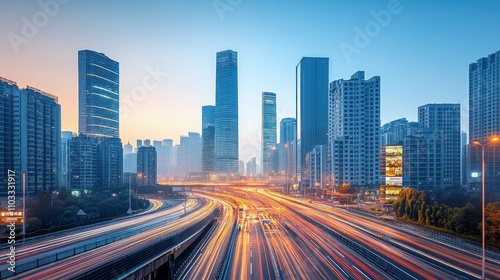 City skyline at dusk with light trails from traffic.