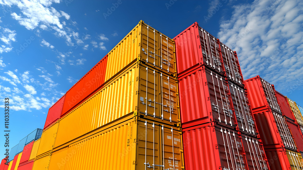 Fototapeta premium Stack of Colorful Shipping Containers Under a Blue Sky